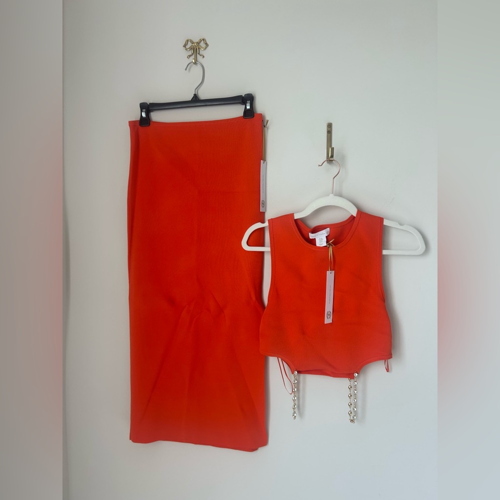 Orange Cut Out Crystal drape crop top and midi skirt two piece set